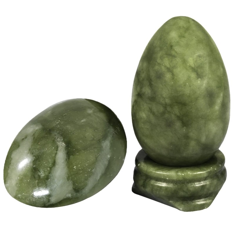 KYEYGWO Polished Green Jade Crystal Egg with Stone Stand, Oval