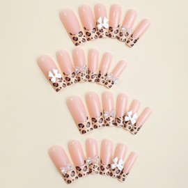 Press on Nails Long False Nails Leopard Pattern Fake Nails with Bow Nail Charm Design Full Cover Glossy Stick on Nails French Artificial Nails Square Glue on Nails for Women Girls Manicure Decoration