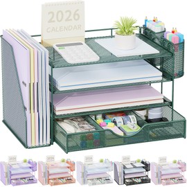 gianotter Organizador de escritorio de 4 niveles con cajones, soportes para archivos, bandejas para cartas y soportes para bolgrafos, accesorios de...