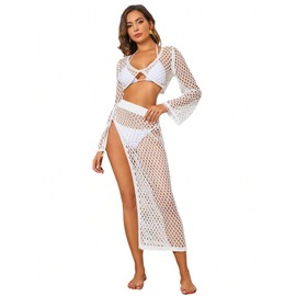Verdusa Women's Hollow Out Crochet Crop Cover up Top and Tie Side Skirt Beach Bikini Cover Up Sets, White a, X-Large