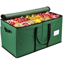 Christmas Ornament Storage Box, Mrrihand Xmas Decoration Organizer with Adjustable Dividers - Storage Container Keeps 128 Holiday Ornaments 3-Inch, Dual Zipper Closure, 600D Tear-Proof Material(Green)