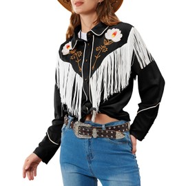 JOHN MOON Women's Floral Embroidered Fringe Western Shirts Rodeo Cowgirl Button Down Blouse Tops Country Style Outfits Black