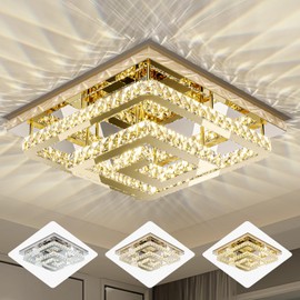 18" Crystal Gold Chandelier with Remote Control, 3 Color Temperature Light Fixture & Brightness Adjustable, Modern Flush Mount LED Ceiling Light Fixture for Living Room Kitchen Hallway Dining Room