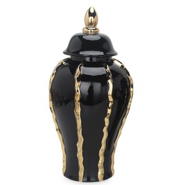 TREATLIFE HOME Elegant Black Ceramic Ginger Jar Vase for Home Decor, Includes Gold Accents and Removable Lid, 18.5 Inches Tall