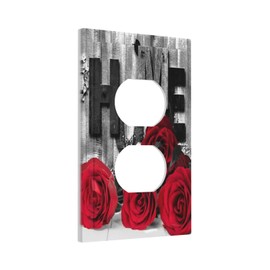 Elegant Valentine's Day Lover Romantic Red Rose Floral Flower on Home Wood 1 Gang Duplex Receptacle Wall Plate Jumbo Electrical Outlet Decorative Decorator Light Switch Faceplate Plug Socket Cover