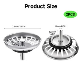 2 Pack Kitchen Sink Plug Strainer, 78mm 304 Stainless Steel Sink Strainer Plug, Universal Kitchen Sink Drain Stopper Replacement for Food Waste Hair Catcher Anti-Clogging