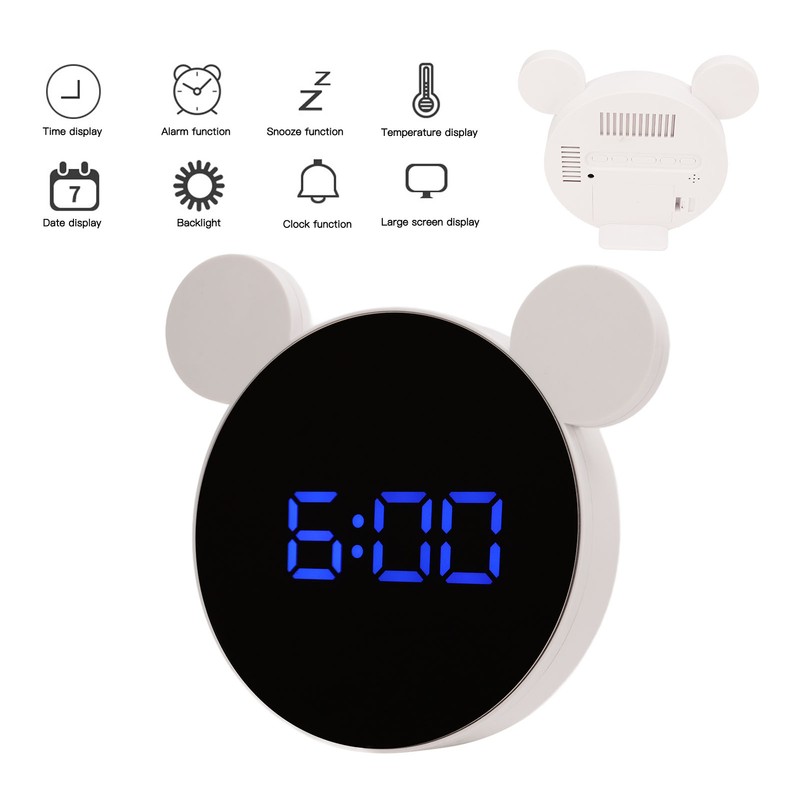 Mirrored Digital Alarm Clock Cute Mice Ear Shape LED Mirror