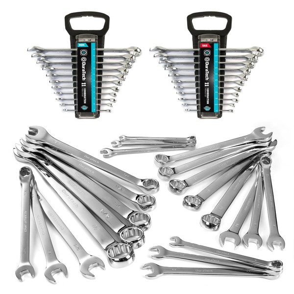 DURATECH Combination Wrench Set, SAE & Metric, 22-piece, 1/4'' to 7/8'' & 8-19mm, CR-V Steel, Organized in Wrench Holder