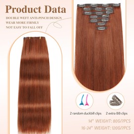 HotLulana Clip-In Real Hair Extensions, 120 g, 7 Pieces, 45 cm, Dark Red Brown Extensions, Real Hair, Invisible Clip Extensions, Real Hair, Remy Real Hair Extensions, 18 Inches, Skin Weft Clip-In Hair