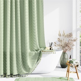 Dynamene Extra Long Shower Curtains, 96 Inch Long Boho Tufted Chevron Striped Fabric Shower Curtains for Bathroom, Tall Minimalist Waterproof Cloth Shower Curtain Set with 12 Hook, Sage Green, 72x96