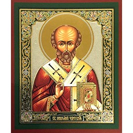 Saint Nicholas The Wonderworker Russian Orthodox Icon, 3 Inch Wooden Gold Foiled