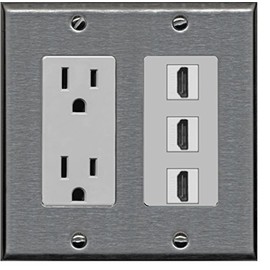 RiteAV - 15 Amp Power Outlet 3 Port HDMI Decorative Wall Plate - Stainless Steel