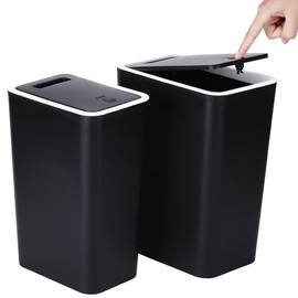 Bathroom Trash Can with Lid, 2 Pack Slim Garbage Can with Pop-Up Lid, Small Waste Basket Pet-Proof for Kitchen, Bedroom, Living Room, Office (4 Gallons / 15L + 2.6 Gallons / 10L, Black)