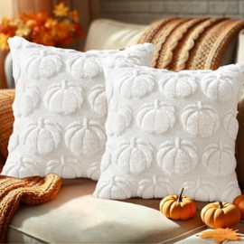 ICONSHOPS Fall Throw Pillow Covers, Set of 2 Soft Plush Faux Fur Decorative Fall Decor Accent Cushion Couch Cover, Sofa, Bedroom, and Farmhouse Home Decor (Pure White Pumpkin, 18" X 18" (Pack of 2))