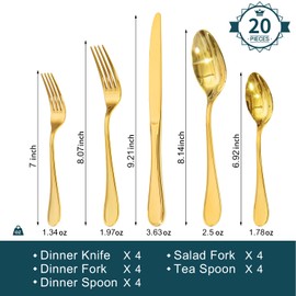 KINGSTONE 20 Piece Teardrop Silverware Set for 4, 18/10 Stainless Steel Flatware Set, Modern Design Cutlery Set for Home/Hotel/Wedding,Mirror Polished and Dishwasher Safe, Gold