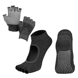 Dress Cici Black Half Toe Grip Socks with Half Finger Cycling Glove Set, Low Cut Yoga Pilates Socks, Asia Size One Size