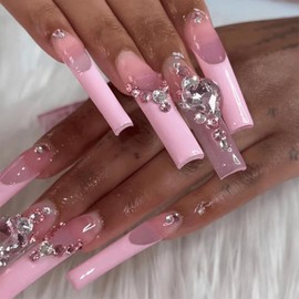 Diamond Press on Nails Long Square Fake Nails with Rhinestone Design Pink Stick on Nails French Tip False Nails Shiny Bling Glue On Nails Reusable Acrylic Nails for Women Girls Manicure 24pcs…