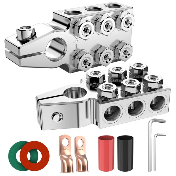 Battery Terminal Connectors, 12-Way Battery Terminal Clamps, BetyBedy Battery Terminals Top Post 8AWG up to 4/0(XL) AWG Gauge, Positive and Negative (+/-)(1 Pair) for SAE/DIN/EN Tapered Top Post