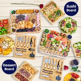 Extra Large Charcuterie Boards Gift Set: Marble Bamboo Cheese Board Set- Unique for Mom, 23 Entertaining Accessories, Christmas, Wedding Gifts for Couple, House Warming Gifts Home