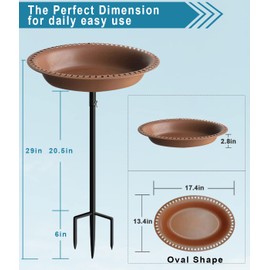Koutemie 1-¼ Gallon Detachable Free Standing Garden Bird Bath Bird Feeder Bowl with Metal Stake for Outdoor, Deep Brown, 29 Inch
