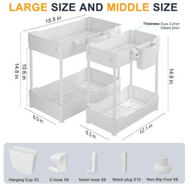 Sevenblue 2 Pack Under Sink Organizer, Under Bathroom Cabinet Organizer with Hooks Hanging Cup, Multi-Purpose Storage Shelf for Kitchen Bathroom (White, 14.8 Inch)