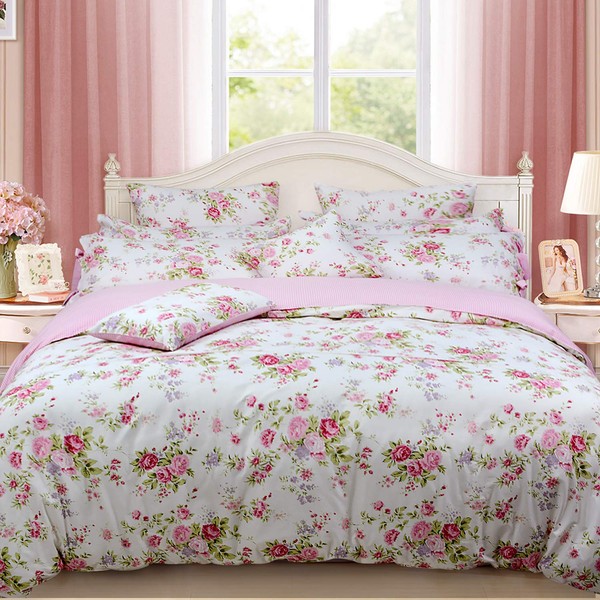 FADFAY Shabby Rose Floral Duvet Cover Pink Plaid Girls Bedding Set 100% Cotton Ultra Soft Bed Sheet Set,7Pcs (1 Duvet Cover +1 Fitted Sheet+ 1 Flat Sheet +2 Standard+2 King Pillowcases),Cal King