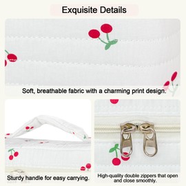 3Pcs Cotton Quilted Makeup Bag for Women Girls, Large Floral Cosmetic Bag Set Cute Makeup Brushes Aesthetic Accessories Storage Bag Cherry Travel Toiletry Bag Organizer