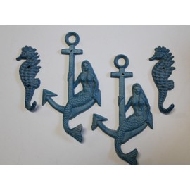 Nautical Themed Mermaid and Anchor Decorative Wall Hooks, Seahorse Wall Hook Set of 4, N-2,15