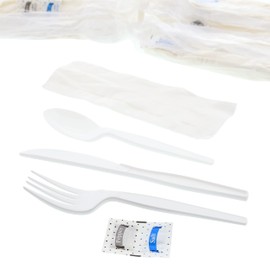 AmerCareRoyal Case of 250 6-in-1 Disposable Silverware Medium Heavy Weight Plastic Utensil Set with Teaspoon, Fork, Knife, Salt & Pepper, 12x13 Napkin - Individually Wrapped Cutlery Meal Kit, White