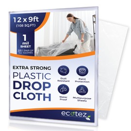 Ecotez 1 Mil 12 x 9 ft Extra Large Painter’s Plastic Drop Cloth Painting Sheet-Strong & Durable Dust Cover-Clear Plastic Sheet-Plastic Sheeting-Plastic Cover-Paint Drop Cloth- Plastic Floor Protector