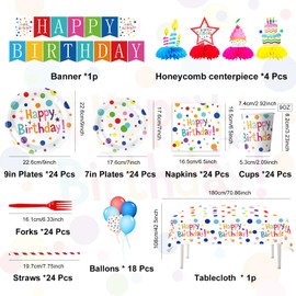168 Pcs Happy Birthday Decorations, Dots Design Birthday Party Supplies Includes Disposable Birthday Plates and Napkins,Cups,Tablecloth,Banner,Balloons,Honeycomb Centerpieces for Boys Girls, Serves 24