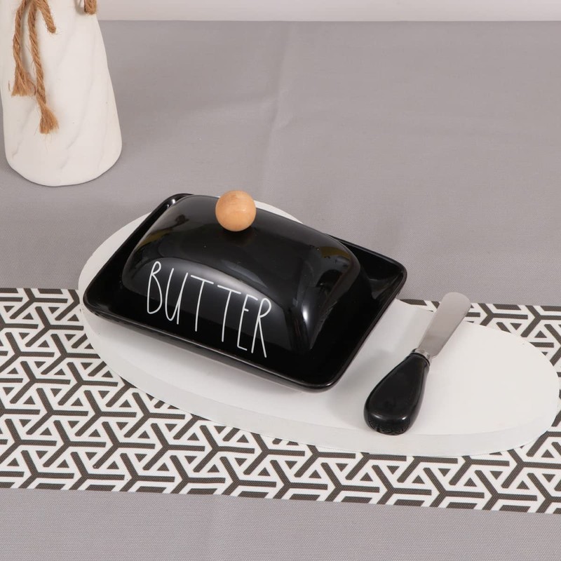 oskas Farmhouse Porcelain Black Butter Dish with Lid and Knife