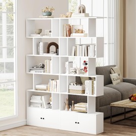 SILKYDRY 6-Tier Geometric Bookcase with Cabinet, 72 Inch Freestanding Room Divider Bookshelf, S-Shaped Open Display Book Shelf for Bedroom, Modern Bookcases with Doors and Shelves (2, White)
