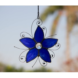 HAOSUM Forget-me-not Stained Glass Window Hangings, Forget Me Not Flower Suncatcher for Window,Stained Glass Flowers, Birthday Gifts for Women and Flower Lovers (Blue)