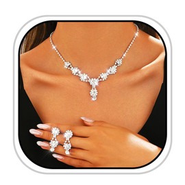 JEAIRTS Rhinestone Prom Jewelry Set Silver Crystal Necklace Dangle Earrings Sparkly Diamond Tennis Chain Jewelry for Women