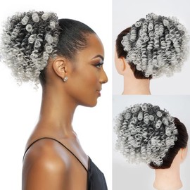 Curly Ponytail Extension for Black Women Drawstring Ponytail Hair Extensions (6inch, Ombre Sliver)