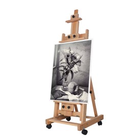 Folding H-Frame Sketch Easel, Professional Art Easel with Wheels(Fixer), Adjustable Height Beechwood Sketch Easel Stand with Flat Laying Function for Oil Painting, Sketch Advertising etc