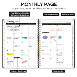2026 Planner, Weekly and Monthly Planner, January 2026 - December 2026, Hardcover 2026 Calendar Planner Book with Tabs For Women & Men, Inner Pocket, Spiral Bound, Perfect for Office Home School Supplies - A5 (6.3" x 8.5"), Black