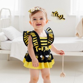 Baby Girls Cute Animals Print Rompers Fly Sleeve Skirt Hem Jumpsuits Summer Clothes Bodysuits with Headband (Yellow, 12-18 Months)