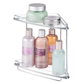 mDesign Metal 2-Tier Corner Storage Organizing Caddy Stand for Bathroom Vanity Countertops, Shelving or Under Sink - Free Standing, 2 Shelves - Clear/Chrome