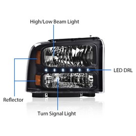 CROSSDESIGN Smoked LED DRL headlights Compatible with Ford F250 F350 F450 F550 Super Duty 2005 2006 2007 Bumper Headlamp Clear lens Black Housing Amber Reflector