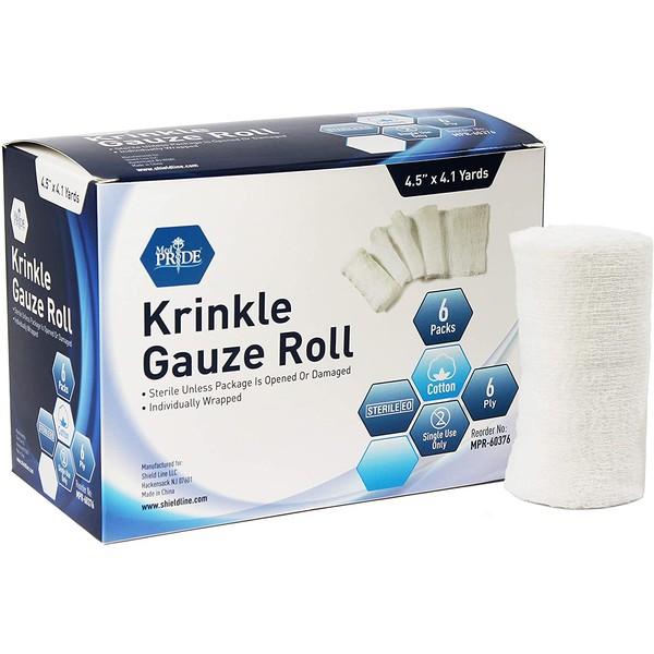 Medpride Sterile Krinkle Gauze Rolls [6 Rolls]- Cotton Wound Dressing Sterile Wraps – 6-Ply Highly Absorbent First Aid Gauzes - Medical Individually Wrapped Mesh Bandage Gauzes - 4.5'' x 4.1 Yards