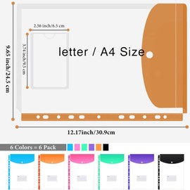 6 Pack Punched Pockets A4 Plastic Wallets Folders Wallets Plastic Document Files Popper Wallets with Button Closure and Label Pocket for Home, Office and School (6)
