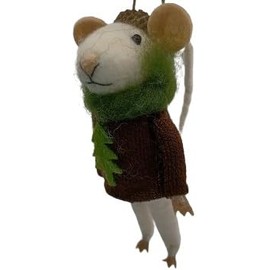 OnHoliday Wool Felt White Mouse in Acorn Hat Red and Green Sweater Hanging Christmas Tree Ornament