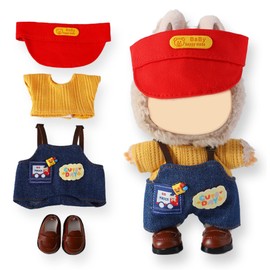 4-Piece 17cm Doll Overalls Set - Hat, Top, Overalls & Shoes - Stretch Fabric Outfits for Collectible Figures, Sunny and Lively Style: Red hat, Knit top, Blue Jumpsuit, Shoes（No Doll Included）