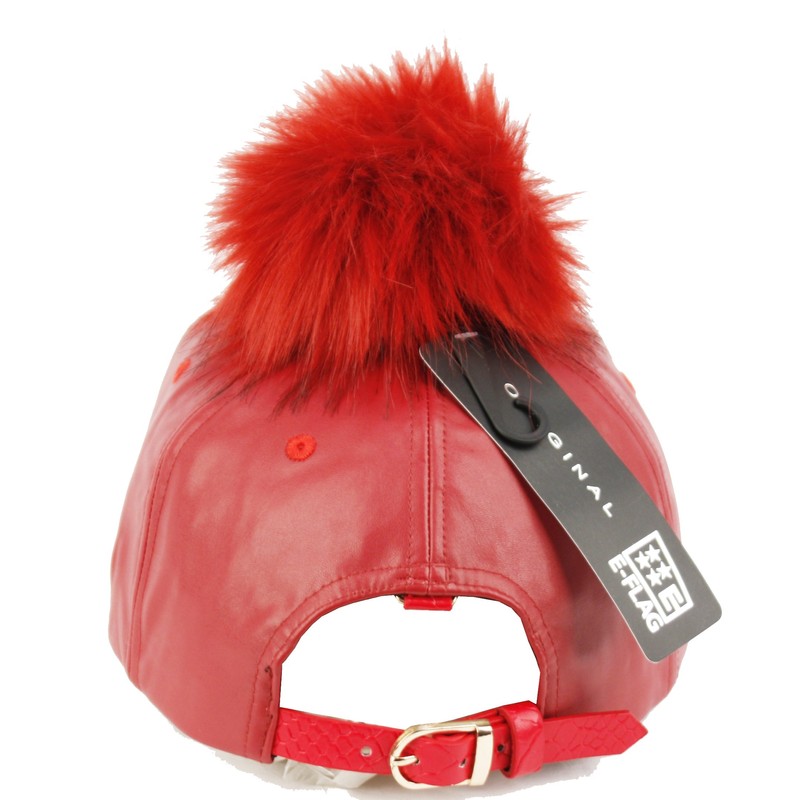Pom Pom Baseball Cap/Fuax Leather (RED)