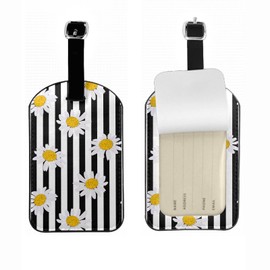 Zoczos White Flowers Travel Bag Tag Daisy Blossom Black White Stripes Seamless Repeat Pattern PU Leather Name ID Labels with Privacy Cover for Men Women Suitcase, 1 Pack