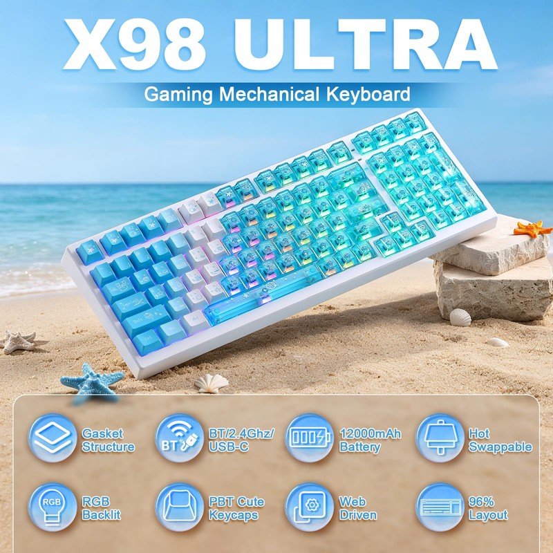 MIKIBY X98 Ultra Wireless Mechanical Keyboard, 12000mAh Gaming Keyboard with