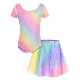 Bricnat Ballet Clothing Girls Ballet Dress Children's Short Sleeve Ballet Suit Dance Dress Ballet Outfit Leotard Ballet Leotard with Skirt Tutu Rainbow 7-8 Years