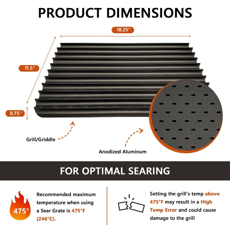 BAC772 Reversible Sear Grate for Grills, 18.25” x 11.5” Anodized
